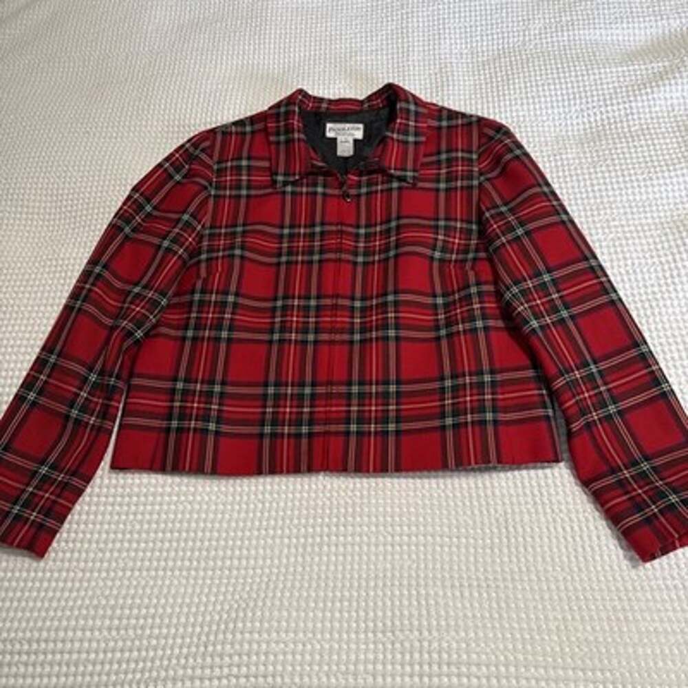 VTG Pendleton Womens 14 Red Green Plaid Virgin Wool Full Zip Jacket Blazer